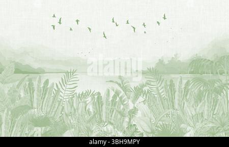 Minimalistisches Dekor: Hellgrüne tropische Landschaft mit Vogelmotiv Stockfoto