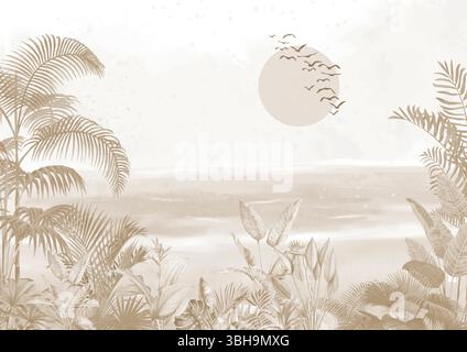 Altgealtertes Tropisches Dekor: Verblasster Brauner Palmenwald, Sonne & Wasser Kunstdruck Stockfoto