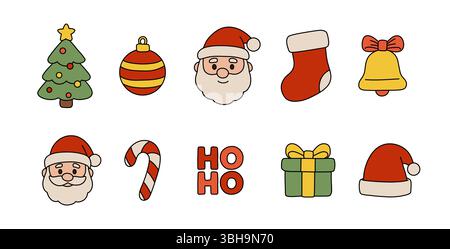 Festliche Weihnachtsvektor-Illustration mit Weihnachtsmann, Geschenken, Baum und Ornamenten. Perfekt für Urlaubsprojekte, Grußkarten und saisonale Designs Stock Vektor