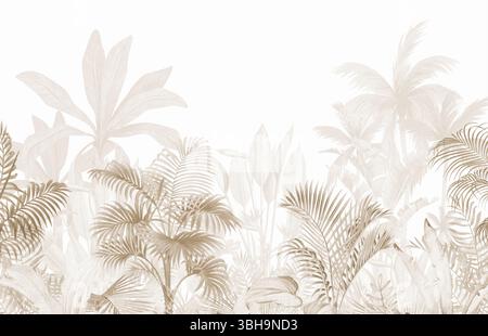 Vintage Tropische Botanische Tapete: Gedämpfte Braune Palmen Und Dschungellaub Stockfoto