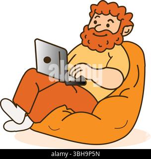Entspannter Mann mit Laptop im gemütlichen Stuhl – Gelegenheitsarbeit von zu Hause oder Freizeit (animiert, Business, Lifestyle) Stock Vektor