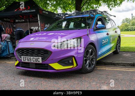 Glasgow, Schottland, Großbritannien. Juni 2025. Lorena Wiebes gewinnt die letzte Etappe der Woman's Tour of Britain. Im GC belegt Ally Wollaston von FDJ Suez den ersten Platz, Cat Ferguson von Movistar auf dem zweiten Platz und Karlijn Swinkels aus den Vereinigten Arabischen Emiraten auf dem dritten Platz. Richard Gass/Alamy Live News Stockfoto