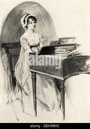Die Bildunterschrift 1901 lautet: „Jane Austen am Cembalo“ – aus Jane Austens Stolz und Vorurteil. Jane Austen war eine bekannte englische Schriftstellerin, die vor allem für ihre sechs Romane bekannt ist, die scharfe soziale Kommentare bieten und Themen der Liebe, Ehe und sozialen Klasse innerhalb des englischen Adels während des späten 18. Und frühen 19. Jahrhunderts erforschen. Ihre Arbeit zeichnet sich durch Witz, Ironie und realistische Charakterentwicklung aus, was sie zu einer bedeutenden Figur im Übergang vom sentimentalen Roman zum literarischen Realismus macht.“ Ihre Daten sind: 1775-1817 Stockfoto