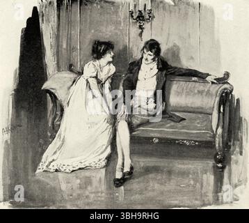 Die Bildunterschrift von 1901 lautet: „Elizabeth Bennet wollte, dass Mr. Darcy für seine Verliebtheit in sie verantwortlich gemacht hat“ – Jane Austen war eine bekannte englische Schriftstellerin, die vor allem für ihre sechs Romane bekannt war, die scharfe soziale Kommentare bieten und Themen der Liebe, Ehe und sozialen Klasse innerhalb des englischen Landadels während des späten 18. Und frühen 19. Jahrhunderts erforschen. Ihre Arbeit zeichnet sich durch Witz, Ironie und realistische Charakterentwicklung aus, was sie zu einer bedeutenden Figur im Übergang vom sentimentalen Roman zum literarischen Realismus macht.“ Ihr da Stockfoto