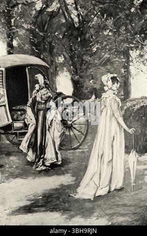 Die Bildunterschrift aus dem Jahr 1901 lautet: „Ich (Lady Catherine) lasse dich nicht verlassen Miss Bennett.“ Das Zitat stammt von Stolz und Vorurteil. Lady Catherine war Mr. Darcys Tante. Jane Austen war eine bekannte englische Schriftstellerin, die vor allem für ihre sechs Romane bekannt ist, die scharfe soziale Kommentare bieten und Themen der Liebe, Ehe und sozialen Klasse innerhalb des englischen Adels während des späten 18. Und frühen 19. Jahrhunderts erforschen. Ihre Arbeit zeichnet sich durch Witz, Ironie und realistische Charakterentwicklung aus, was sie zu einer bedeutenden Figur im Übergang vom sentimentalen Roman zum literarischen Realismus macht.“ Ihr da Stockfoto