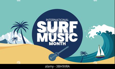 Hintergrundvorlage für den internationalen Surf-Musikmonat. Surfende Gitarren und Endless Summers, Surf Music lebt weiter Stock Vektor