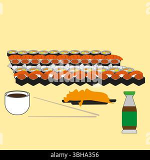 Sushi-Mahlzeit-Vektor. Lachsreisbrötchen. Portion mit gelbem Hintergrund. Sauceflasche. Stock Vektor