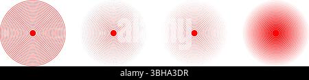 Set aus roten konzentrischen Kreisen. Symbole zur Lokalisierung von Schmerzen. Symbole für Wunde, Schmerzen oder Entzündungen. Puls- oder Vibrationszeichen. Radar- oder Schallwellenpiktogramme auf weißem Hintergrund isoliert. Vektorabbildung. Stock Vektor