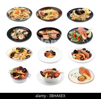 Leckere Gerichte mit Meeresfrüchten isoliert auf weiß, Set Stockfoto