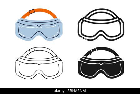 Symbolsatz für Schutzbrillen. Moderne Brillenreparatur für Baumechaniker, Klempner, Tischlerei oder Skisport. Professionelle stilisierte einfache Zeichen Web Design Vektor Illustration Stock Vektor