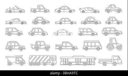 Handgezeichnetes Cartoon-Set im Auto. Linear niedliche verschiedene Transportabnehmer, Bus-Traktor-Lkw, Taxi-Limousine-Abholung. Einfache Kritzelauto-Illustration für Kinder Textiltuch Poster Vektor-Illustration Stock Vektor