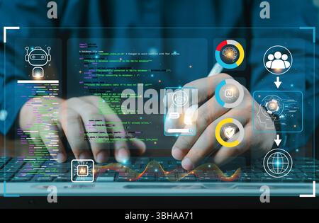 Hände mit Tastatur und kreativem Hologramm zur Binärcodierung auf unscharfem Hintergrund. Software-Programmiercode. Technologie, Web-Sicherheit und Programme Stockfoto