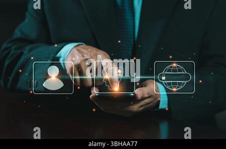 Menschen nutzen KI bei ihrer Arbeit, um die Effizienz zu maximieren. Menschliche Befehlsgewalt über KI-Technologie für die Verbindung mit dem weltweiten Web oder sozialen Medien. Arti Stockfoto