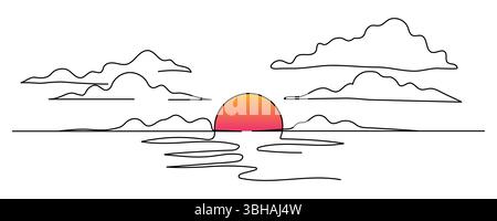 Zeichnung des Sonnenuntergangs. Abstrakte tropische Landschaft kontinuierliche Kunstlinie mit Bergen, Strand Meer, e.. Vektor-Natur-Hintergrundbild für minimales Poster, Vorlage Stock Vektor