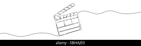 Durchgehende Linienzeichnung von alten klassischen Filmklatschen und Filmrolle im Retro-Stil. Ein einzelnes Design-Diagramm für Vintage-Filmszene, in dem Gegenstände zum Aufnehmen von Gegenständen verwendet werden Stock Vektor