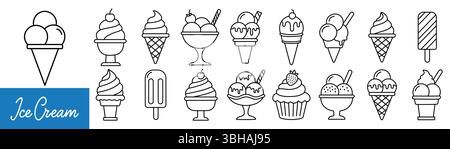 Eiskegel-Vektor-Symbolsatz. Symbol für Eisbecher. Schilderkollektion mit Vanilleeis für leckeres Eis Stock Vektor