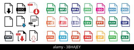 Dateiformate und Sammlung großer Symbole zum Hochladen von Dateien. Dateiformat der Dokumentsymbole. PDF, JPG, DOC, PPT, XLS, MP4, RAR, AI, ZIP, MP3, MPV, GSF und andere Stock Vektor