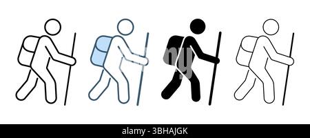 Wandern Vektor-Symbole, Wanderer-Symbol in verschiedenen Stil, Vektor-Illustration editierbare Kontur. Stock Vektor