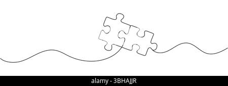 Durchgehende, einzeilige Zeichnung von vier Puzzleteilen. Problemlösung und Geschäftsmetapher. Eine Zeilenzeichnung des Puzzleteils für die Idee, Busin Stock Vektor