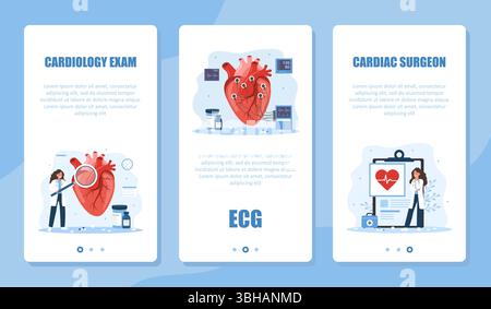 Kardiologie-Banner-Set. Herzuntersuchung und -Behandlung. Kardiologin stellt Diagnose und wählt Therapie. EKG-Konzept. Vektorabbildung in flach Stock Vektor