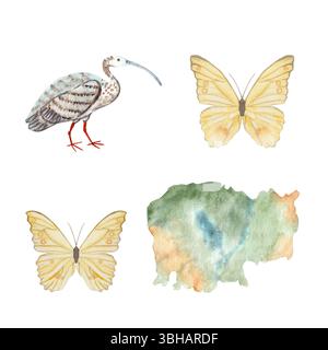 Ibis Bird, zwei gelbe Schmetterlinge und Kambodscha Karte, handgemalt in Aquarell. Perfekt für Reiseblogs, Öko-Tourismus, Lehrmaterialien Stockfoto