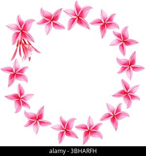 Pinkfarbener Plumeria-Blumenkranz. Handgemalt in Aquarell. Ideal für Spa-Branding, tropische Reiseverpackungen, Sommerhochzeitdekor, Textildesign Stockfoto