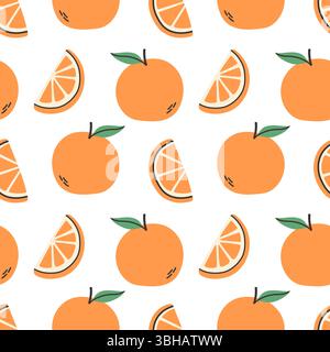 Orangefarbenes Sommermuster auf weißem Hintergrund. Einfaches nahtloses Muster mit Orangen und Scheiben. Vektor-Design für Grußkarte und Einladung der Saison Stock Vektor