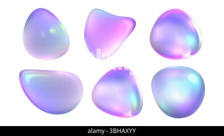 Holographische Farbverläufe – farbenfrohe abstrakte Globen in lebhaften Pastellrosa- und Lila-, Türkis- und Blautönen. Irisierende Flüssigkeitsformen. Helle dekorative Flüssigkeitselemente, glänzende Vektorblasen. Stock Vektor