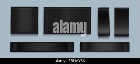 Mockup-Set mit schwarzen Stoffetiketten – quadratische, rechteckige und Schlaufen-Banner und -Bänder. Leere dunkle Stoffetiketten für Branding, Pflegeinformationen und Logodesigns. Bekleidungszubehör, Modeschablone Stock Vektor
