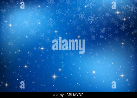 Winterlicher Nachthimmel mit dunkelblauem Hintergrund. Glänzende Sterne, die Schneeflocken im All fallen. Die Galaxie leuchtet mit Licht und schafft eine magische Atmosphäre Stock Vektor