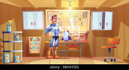 Comic-Superheld-Mann baut Raketen in der Werkstatt - ein lächelnder Charakter trägt ein blaues Kostüm mit gelben Handschuhen und hält den Turbomotor in der Nähe der Werkzeugwand. Der Heldenmechaniker arbeitet am Jet-Antrieb. Stock Vektor