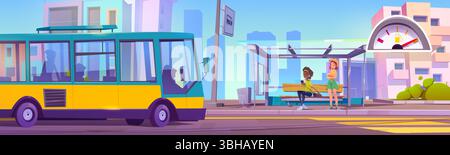 Bushaltestelle mit wartenden Passagieren - gelbes Fahrzeug mit öffentlichen Verkehrsmitteln in der Nähe von Schutzräumen mit zwei Personen sitzen auf einer Bank. Städtisches Ambiente mit farbenfrohen Gebäuden, moderner Glasstation für städtische Infrastruktur. Stock Vektor