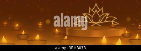 Diwali-Festival-Szene mit glühenden Öllampen und Lotusdekor - traditionelle Ton-Diya-Kerzen, die um das goldene Podium brennen. Festliche Hindufeier bg mit funkelnden Lichtern und Laternen-Flammen. Stock Vektor