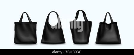 Schwarze Tragetasche aus Stoff für Shopping und Einzelhandel. Elegante, minimalistische Taschen mit Griffen in verschiedenen Formen, isoliert auf weiß, für Branding-Design und Warenpräsentation. Stock Vektor