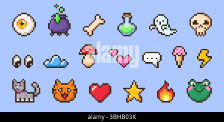 Pixel Art Emoticon Icon Set - Retro 8 Bit pixelige Augen und Knochen, Trank im Hexenkessel und Glasflasche, Geist und Schädel, Pilz und Herz, Katze und Frosch, verschiedene Spielelemente für die Gaming-Schnittstelle Stock Vektor