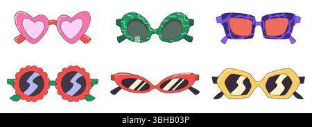 Cartoon-Sonnenbrille mit trendigen Rahmen und dekorativen Mustern. Lustige Sommerbrillen in verschiedenen Stilen für Strandurlaubs-Designs. Farbenfrohe Aufkleberpackung für Partyrequisiten und saisonale Dekoration. Stock Vektor