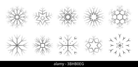 Trendige Vintage Stipple Dots Schneeflocken Kollektion. Niedliches Set aus gepunkteten Eisformen. Symbole für Weihnachten oder Neujahr mit Verlaufsverlauf Stock Vektor