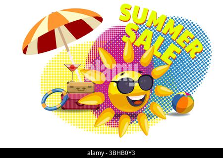 Promo Hintergrund Sommerangebot Poster Sonne Cartoon in Sonnenbrille Stock Vektor