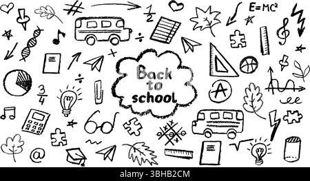 Holzkohle-Schule-Kritzeleien auf Tafel-Hintergrund. Lustige handgezeichnete Symbole für Back-to-School-Themen. Niedlicher kindlicher Bildungsstift in Pastellfarben oder Wachsstift Stock Vektor