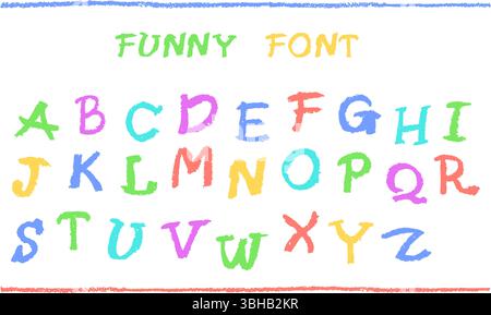 Englisches Alphabet, handgezeichnet mit einem Buntstift. Bunte Großbuchstaben in Kreide-, Pastellfarben- oder Wachsform. Highlighter-Effekt auf Whiteboard für den Kindergarten Stock Vektor