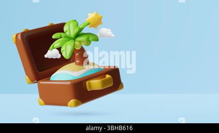 Sommerurlaub und Reisekonzept 3D Illustration mit Palme und Meer Strand im Koffer Stock Vektor