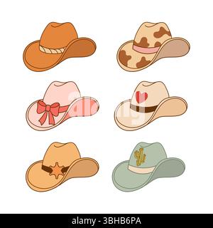Set von Vektorillustrationen von Cowboyhüten mit verschiedenen Designs, einschließlich Herzen, Kakteen, Sheriff-Stern und Bögen. Ideal für Western- und Country-Fans Stock Vektor