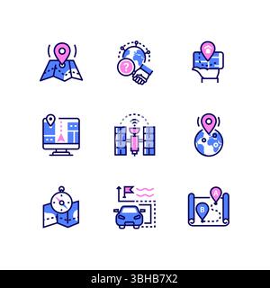 Position und Navigation – Symbole im Linienstil Stock Vektor