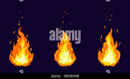 Set mit Pixelbildern, Feuer-Flammen. Vektorillustration mit leuchtenden Orange- und Gelbtönen. Stylisches Sprite-Blatt für Retro-Videospiel-Design. Stock Vektor