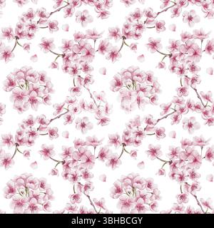 Nahtloses Muster mit Sakura-Blüten. Kirschblütenfest. Kleine rosa Blüten auf Zweigen. Blütenblätter und Blätter. Aquarellabbildung isoliert Stockfoto