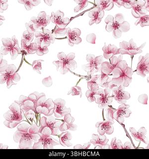 Nahtloses Muster mit Sakura-Blüten. Kirschblütenfest. Kleine rosa Blüten auf Zweigen. Blütenblätter und Blätter. Aquarellabbildung isoliert Stockfoto
