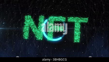 Bild des Schnees, der über Neontext auf schwarzem Hintergrund fällt. Social Media Networking und Technologiekonzept. Stockfoto