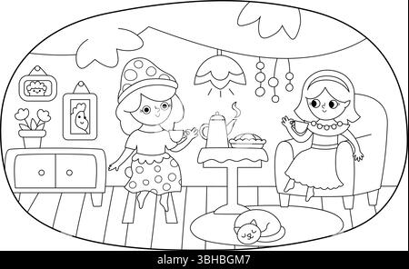 Vektor-Schwarz-weiß-Szene mit Feen, die Tee trinken. Lustige Linienkomposition mit Mädchen. Niedliche Landschaft mit magischer Prinzessin, die in gemütlichem Baumhous plaudert Stock Vektor