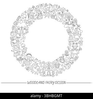 Vektor schwarz-weiß Wald Fee Runde Rahmen mit Elfe, Zwerg, Häuser, Einhorn, Drache, märchenhafte Kreatur. Magic Garden Line Card Template Design Stock Vektor