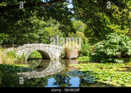 Kleine Steinbrücke über einen Teich in Queenstown Gardens, Queenstown, Otago, Neuseeland Stockfoto